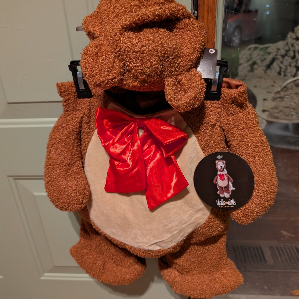 NWT Thrills & Chills Brown Fuzzy Teddy Bear Dog Costume w/ Red Bow Size XL